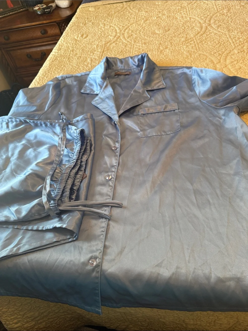 Valerie Stevens women’s Satin Button-Down pajamas in Light Blue